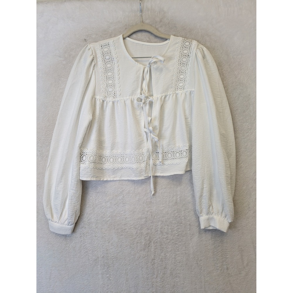 SHEIN Blouse Women's XS White Tie Front Long Sleeve Cottagecore Boho